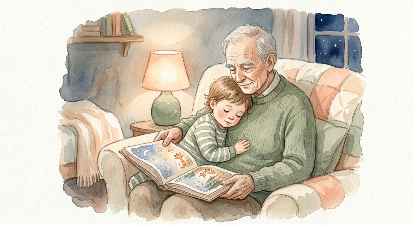Un grand-père lit un livre de comptines à son petit-enfant, blottis dans un fauteuil le soir