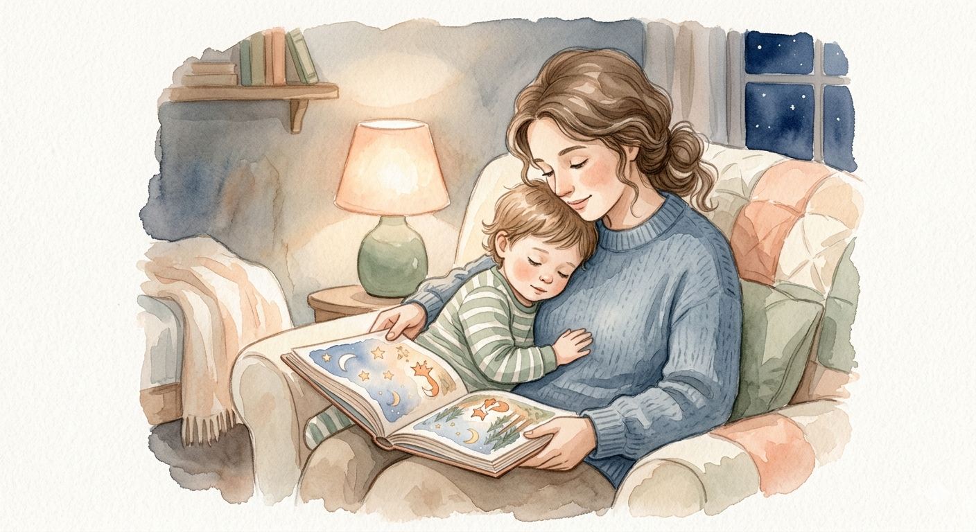 Un parent et son enfant lisant ensemble un livre de comptines, le soir, dans une lumière douce
