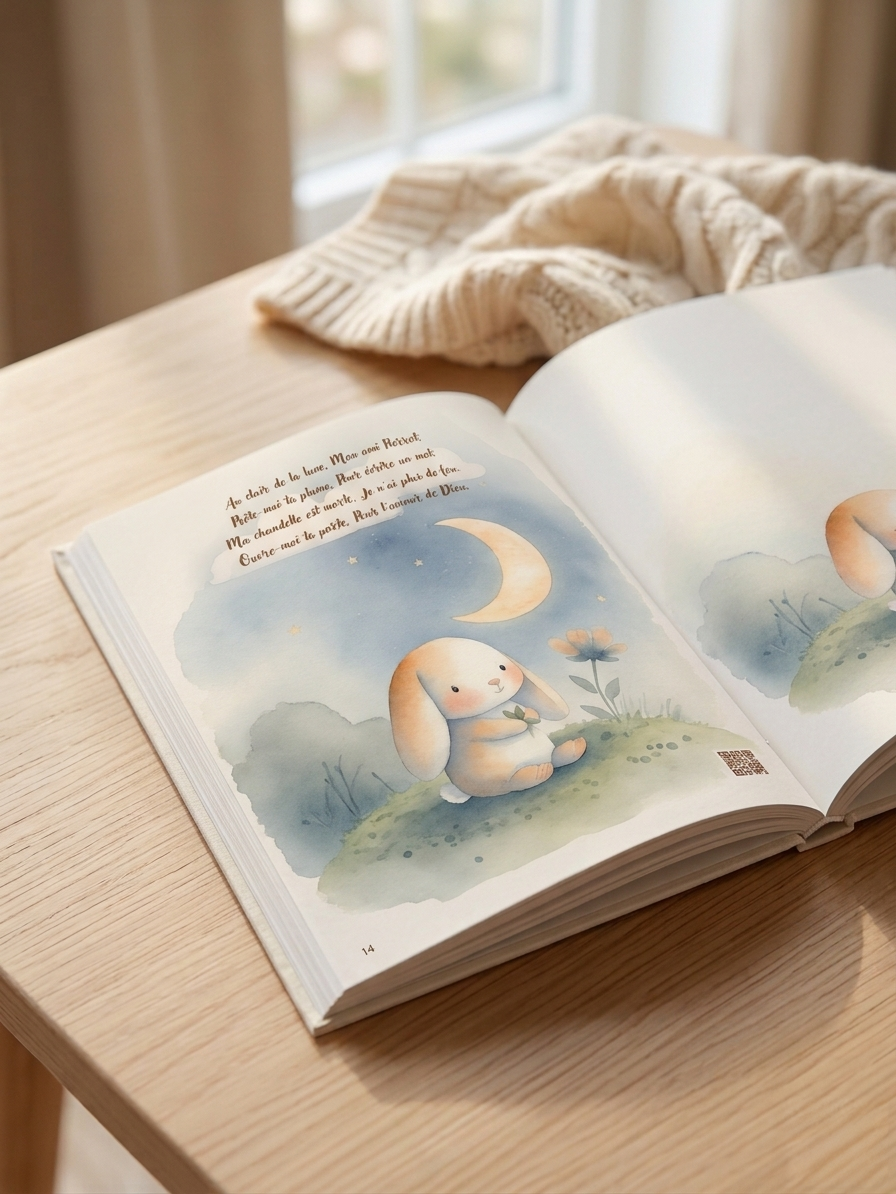Le livre Chante-moi ouvert sur une double-page illustrée à l'aquarelle, photo réaliste