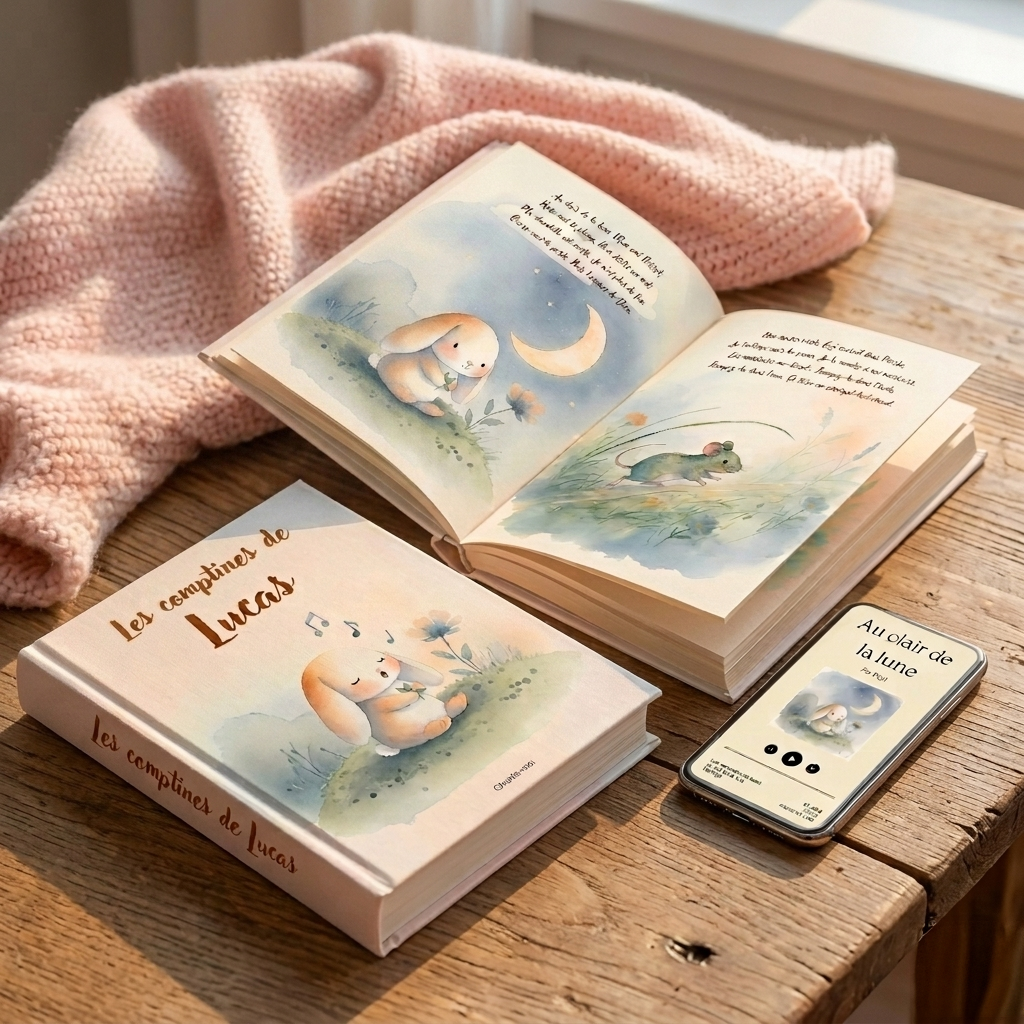 Le livre Chante-moi fermé et ouvert sur une double-page illustrée, à côté d'un smartphone affichant l'interface de lecture audio après le scan du QR code